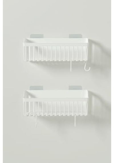 Banyor Yapışkanlı Banyo Rafı, 2'li Banyo Düzenleyici Organizer Duş Şampuanlık, Plastik Beyaz Açık Ahşap