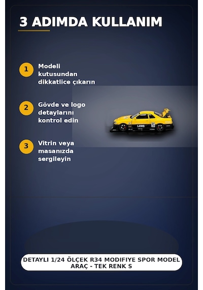 Detaylı 1/24 Ölçek R34 Modifiye Spor Model Araç - Tek Renk Seçimli, Koleksiyonluk Oyunca Bx-313408