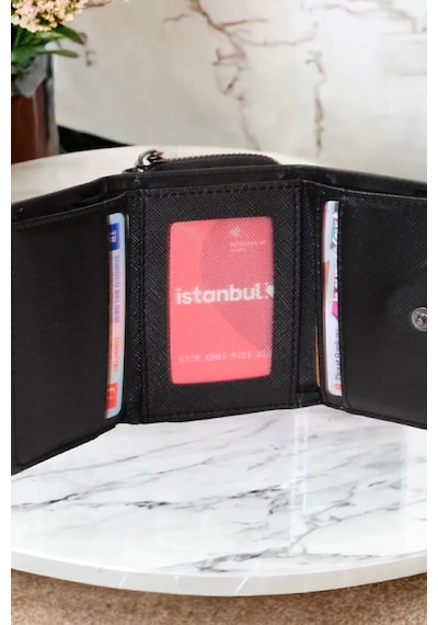 Mygeppetobag Kadın Fermuarlı Ve Çıtçıtlı Bozuk Para Bölmeli Şık Cüzdan Siyah Çok Renkli