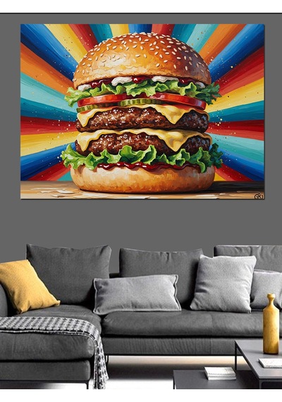 Gökkuşağı Arka Plan Ve Dev Hamburger Dekoratif Kanvas - Mdf Ahşap Tablo