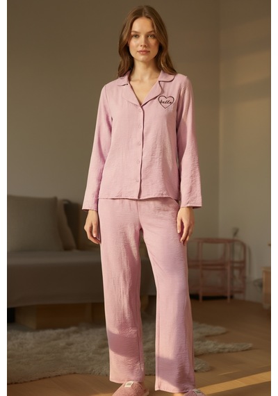 Pembe Slogan Ve Kalpli Nakışlı Dokuma Pijama Takımı