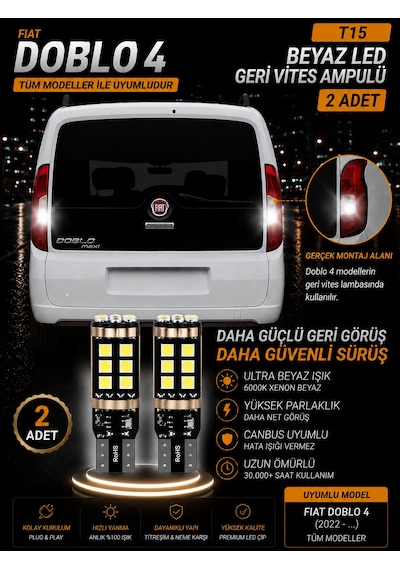 Fiat Doblo 4 Uyumlu T15 W16w Led Geri Vites Ampulü Canbus Hatasız 6000k Kristal Beyaz Güçlü Işık 2 Adet