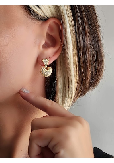 Bombeli Kalp Model Zirkon Taşlı Altın Kaplama Gold Küpe Gold