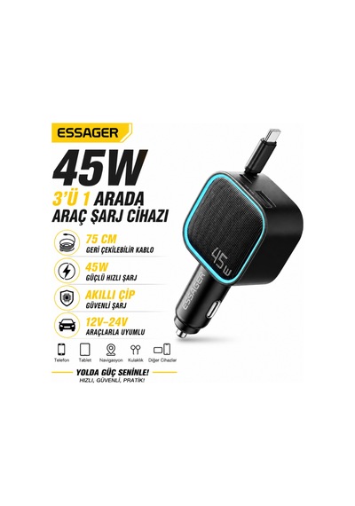 Essager 45w Araç Şarj Cihazı Geri Çekilebilir Type-c Kablolu Pd Hızlı Şarj Çakmaklık Adaptörü 75cm Kablo