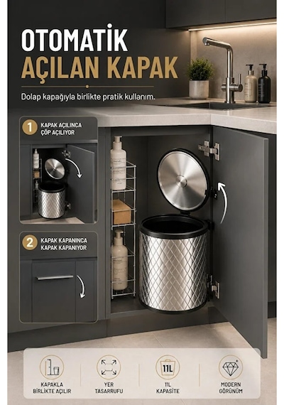 Banyo, Mutfak Dolabı İçi 11 Litre Metal Çöp Kovası – Krom, Tüm Dolaplara Uyumlu Tezgah Altı Çöp Kovası