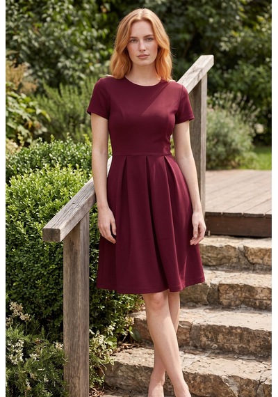 Soulshae Kadın Krep Bisiklet Yaka Kısa Kollu A Kesim Midi Elbise Kırmızı