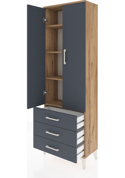 Arges Dolap 4 Raflı 3 Çekmeceli 2 Kapaklı 60x30x182 Çam-antrasit Çam