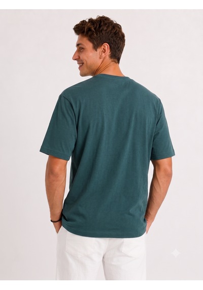 Vasto Moda Erkek Tam Oversize Kalıp Kalın Pamuk Bisiklet Ribana Yakalı Petrol Yeşili T-shirt Açık Petrol
