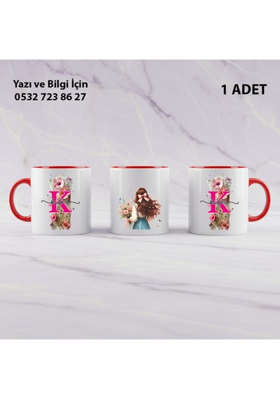 Kişiye Özel Baş Harfli Çiçek Desenli Uzun Saçlı Kızlı Kupa Bardak-arkadaşa Sevgiliyekardeşehediyelik Kırmızı