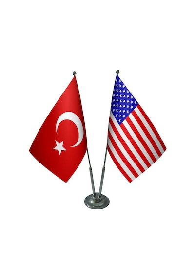 Masa Üstü Amerika Bayrağı Türk Bayrağı İkili Krom Direk Masa Bayr