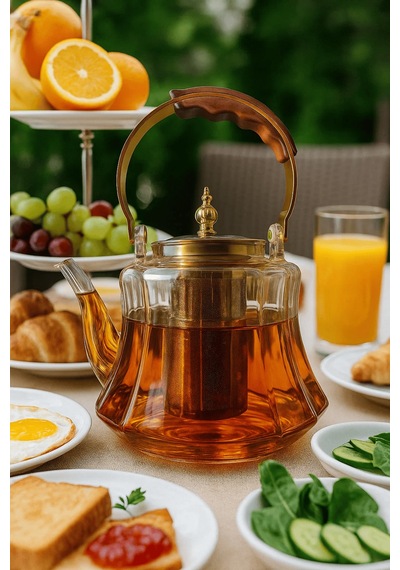 Ahşap Saplı Isıya Dayanıklı Borosilikat Amber Cam Demlik 1200 Ml Süzgeçli Cam Demlik Amber