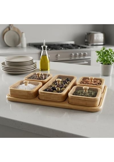 6 Parça Bambu Kahvaltılık Seti - Şeffaf Akrilik Kapaklı Kırılmaz Çerezlik, Reçellik Ve Kahvaltı Sunum Tabağı 32.5 X 22 X 4 Cm