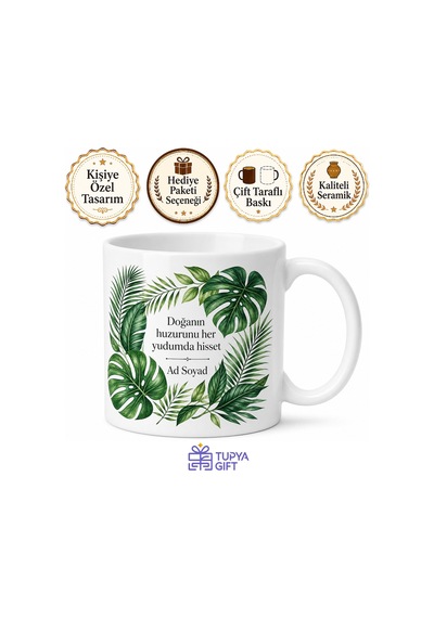 Tropikal Yapraklı Tasarım Baskılı Kupa Bardak Hediyelik Porselen Mug Beyaz / Çok Renkli
