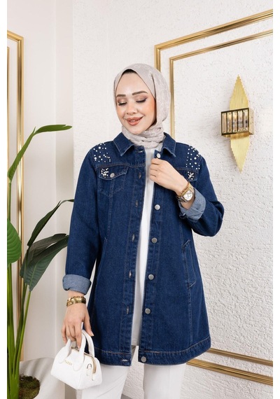 Harman Butik Kadın Boncuk İşlemeli Denim Kot Ceket Lacivert Lacivert