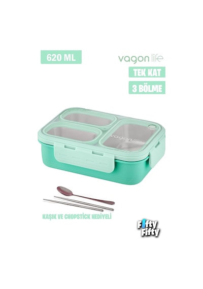 Vagonlife Lunch Box 620 Ml Tek Kat Üç Bölmeli Metal Kaşıklı Yeni Nesil Sefer Tası-fflbox7097 Diğer