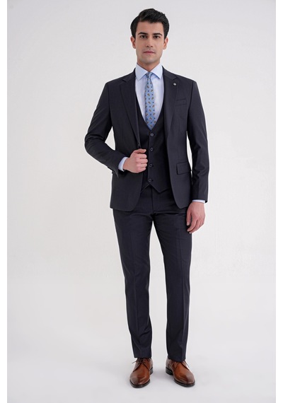 Efor Slim Fit Çift Yırtmaç Çizgili Esnek Yünlü Lacivert Yelekli Klasik Takım Elbise Tk 935 Lacivert