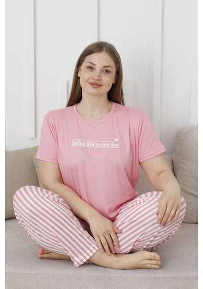 Wordex Mirano 3503 Çizgili Pijamalı Kısa Kollu Büyük Beden Pegasus Kumaş Kadın Pijama Takımı Pembe