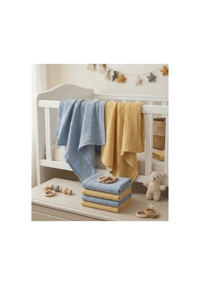 2 Li Paket 4 Katlı Müslin Bebek Battaniyesi 85x85 Cm - Bebek Örtüsü & Yeni Doğan Kundak - Sarı Mavi - 904779406 Mavi
