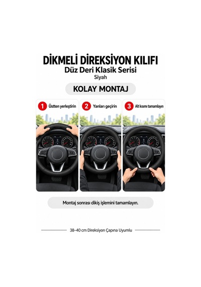 Trobus Renault Kangoo 2024 Ve Sonrası Uyumlu Dikmeli Direksiyon Kılıfı Düz Deri Klasik Siyah