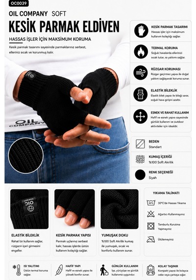 Oıl Company Yumuşak Rüzgar Geçirmez Soğuğa Karşı Etkili Kesik Parmak Eldiven Black