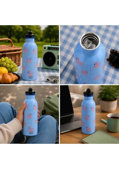 Mamawata Flamingos Pipetli Çocuk Termos Matara 470 Ml Paslanmaz Çelik Sızdırmaz Yalıtımlı Suluk Mavi