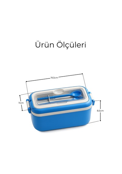 Lunchbox Kaşık & Çatal Dahil - Kilitli Kapaklı - Taşıma Saplı - 3 Bölmeli Mavi