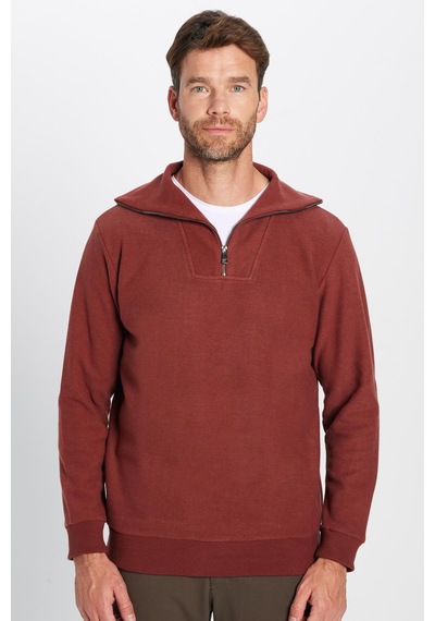 Tudors Unisex Relax Fit Rahat Kesim Desenli Pamuklu Yarım Fermuarlı Kiremit Renk Dik Yaka Sweatshirt-31989 Kiremit