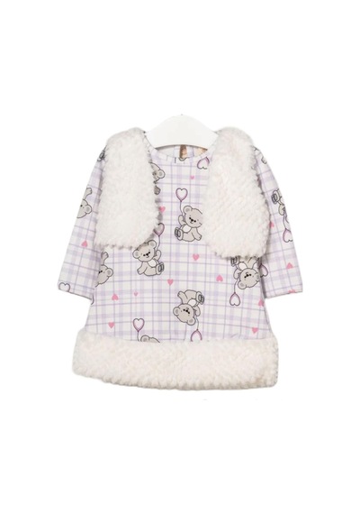 Dear Enika Bupperkids Kız Bebek Ayıcık Desenli Ekoseli Yelekli Lila Elbise 001