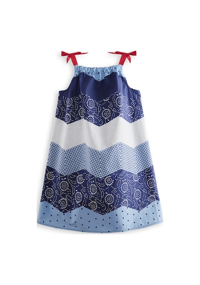 Denokids Lacivert Beyaz Desenli Poplin Kız Çocuk Elbise Renkli Çok Renkli