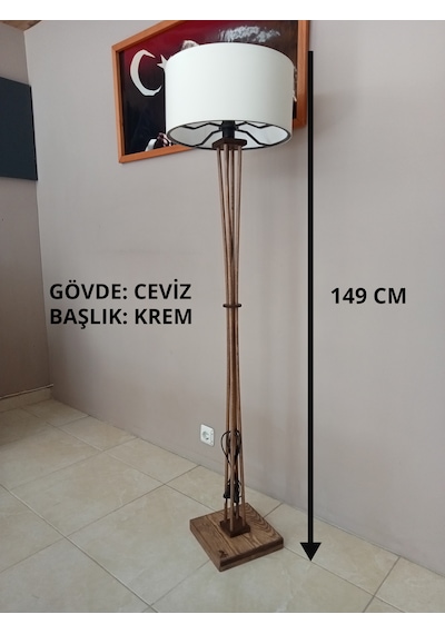 Ahşap Ayaklı Lambader Ceviz Gövde Krem Başlık Köşe Aydınlatma