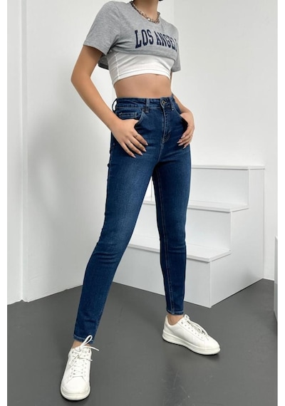 HLT Jeans Kadın Mavi Süper Skinny Fit  Esnek Likralı Yüksek Bel Denim Jean Kot Pantolon HLTJENNİE-STEVE Mavi