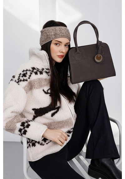 Shule Bags Cabat Süet Medium Omuz Çantası Kahve Kahverengi - Siyah - Bej