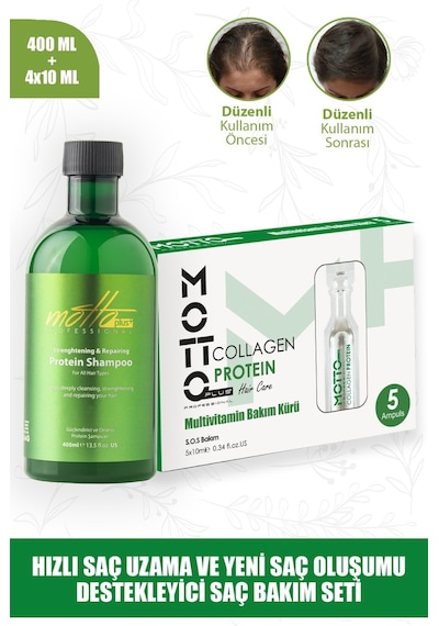 Motto Plus Professional Hızlı Saç Uzatma Ve Yeni Saç Oluşumu 2'li Saç Bakım Seti Protein - Collagen