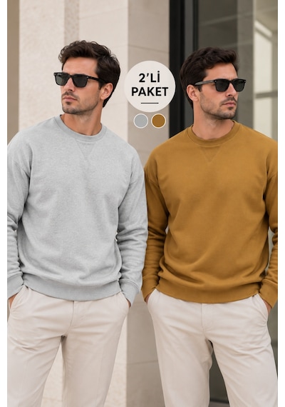 Polo State Erkek 2 Li Paket Bisiklet Yaka Basic Günlük Sweatshirt - Gri Melanj & Kahve