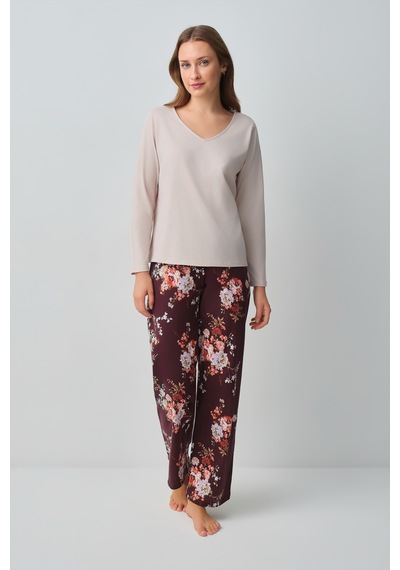 Suwen Mimoza Pamuklu Pijama Takımı Wsh10510155662 Bordo