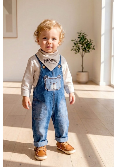 Babymod Denim 3'lü Erkek Bebek Salopet Kot Tulum Takım mavi