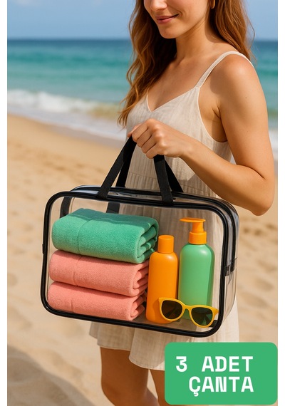 Modalarge Büyük Boy Şeffaf Plaj Çantası 3lü Set Islak Bikini Çantası