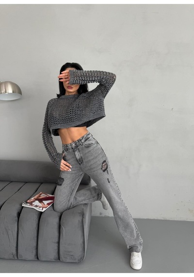 Kadın Straight Jean Yırtık Detaylı Ara Bel Boru Paça Kot Pantolon Gri Gri