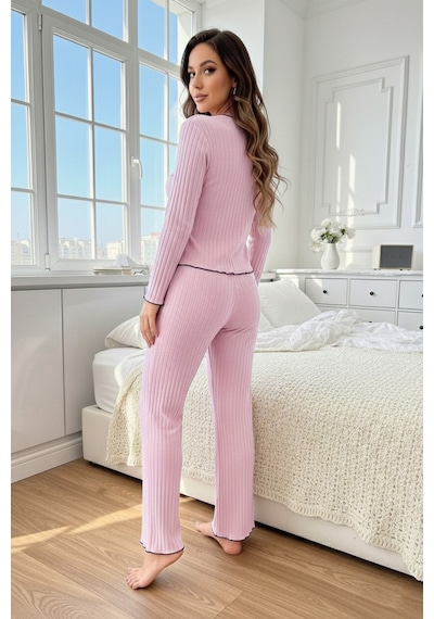 Bella Notte Pembe Pamuklu Siyah Overlok Ve Fiyonk Detaylı Uzun Kollu Pijama Takımı