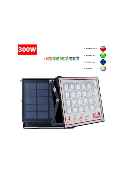 300 Solar 5 Modlu Güneş Enerjili Led Projektör Mavi Yeşil Kırmızı Ve Rgb Renk Aydınlatma