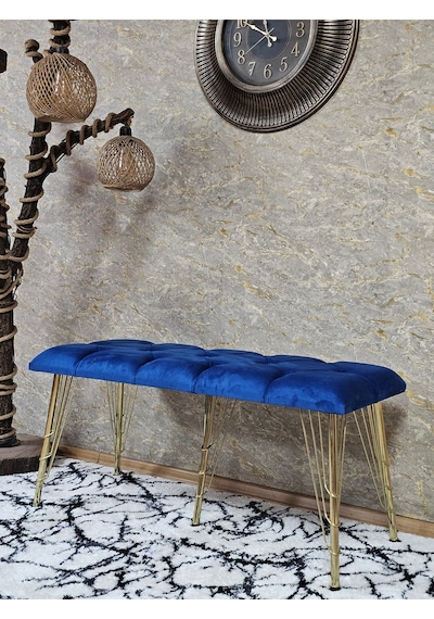 Zafir Metal Gold Tel Ayaklı 100 Cm Puf Bench - Puf - Bench - Oturak - Mutfak Oturağı - Antre Oturağı Mavi