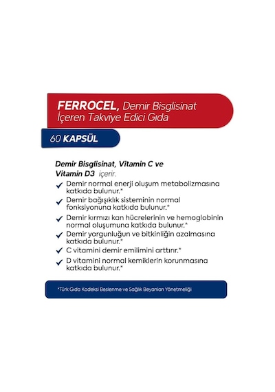 Ferrocel Demir Bisglisinat, Vitamin D3 Ve Vitamin C 60 Kapsül