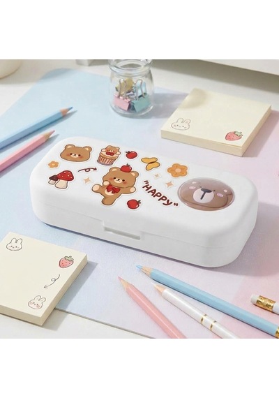 Sevimli Kawaii Figürlü Kalem Kutusu Çok Bölmeli Çift Katlı Büyük Kapasiteli Kalem Kutusu Sticker'lı Kalem Kutusu Sticker Yapıştırılabilir Kalemlik Sticker Kalemlik Beyaz