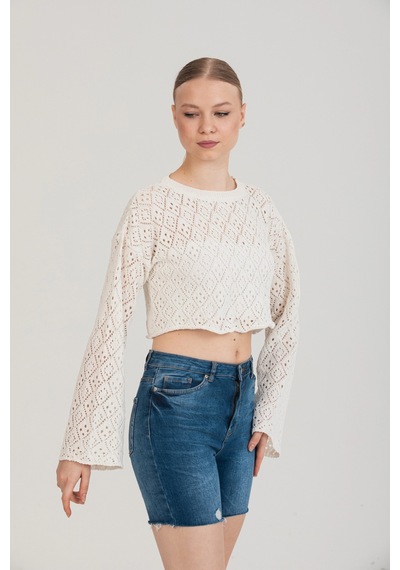 Maximodena Feminen Ajurlu Dokulu Beyaz Crop Bluz Standart Beden - Beyaz