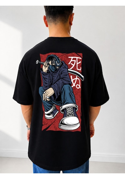 525 Oversize Sırt Baskılı Streetwear Unisex T-shirt Samurai Siyah