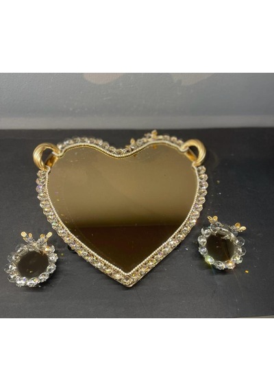 Dekoratif Kristal Cam Ayna Kalp Sunum Tepsisi Gold