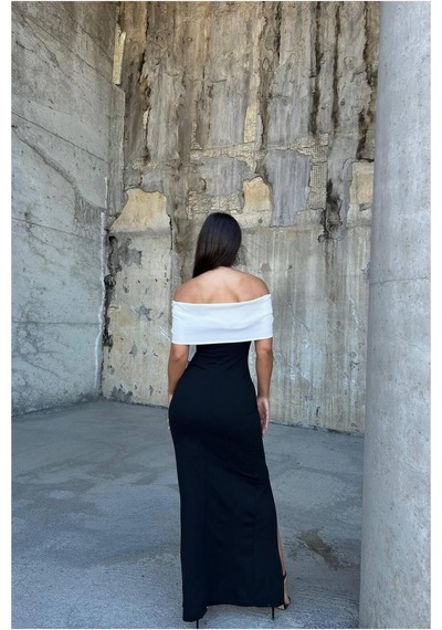 DefyModa Kadın Özgün Tasarım Esnek Krep Kumaş Straplez Taş Detaylı Abiye Elbise Siyah
