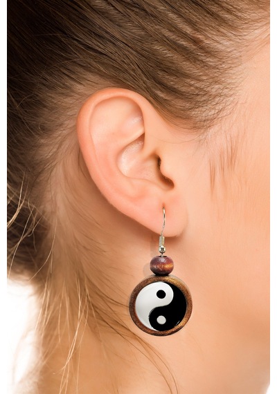 Yin Yang Ahşap Küpe Kahverengi