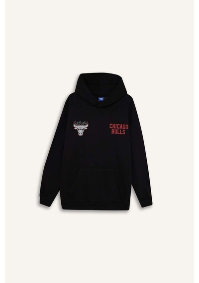 DeFactoFit NBA Chicago Bulls Boxy Fit Kapüşonlu Sırt Baskıllı Kalın Sweatshirt D6574AX25SPBK81