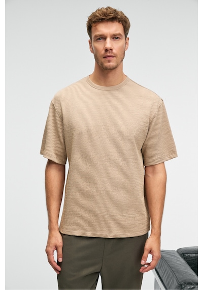 Grımelange Vıntage Erkek Kısa Kollu Yuvarlak Yaka Dokulu Gofre Kumaş Regular Fit Bej T-shirt Bej